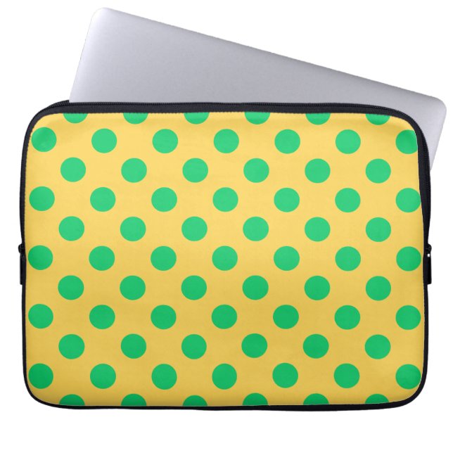 Grönt polka dots på gult laptop sleeve (Framsidan)