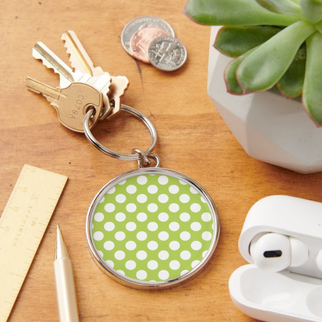 Grönt Polka dots, Polka Dot Mönster, Dit, Dit Rund Silverfärgad Nyckelring (Skrivbord)