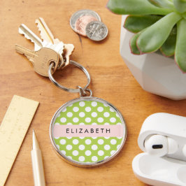 Grönt Polka dots, Polka Dot Mönster, ditt namn Rund Silverfärgad Nyckelring