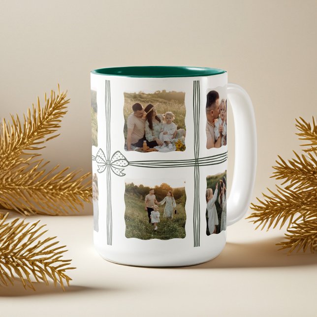 Grönt Polka - fotopassage för julklapp Två-Tonad Mugg (Green Polka Dot Christmas Bow Family Photo Collage Two-Tone Coffee Mug)