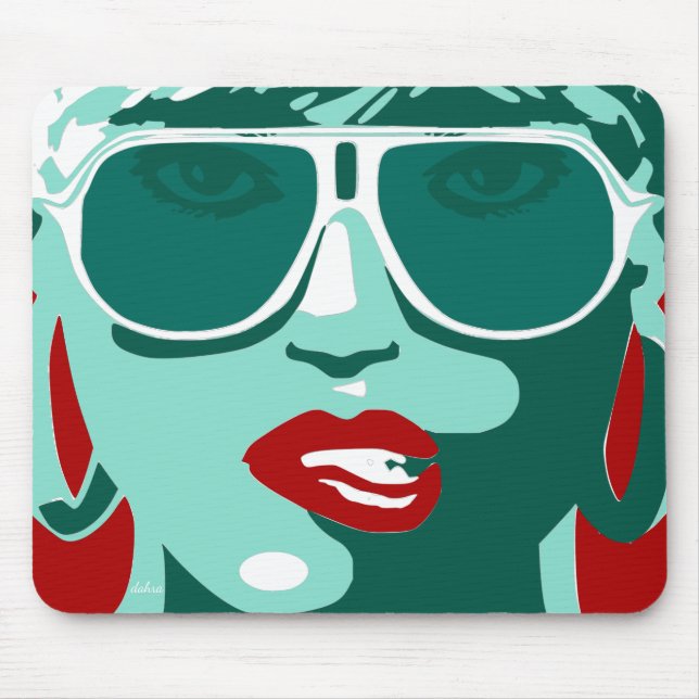 Grönt Pop Art Söt Woman Sunglass Red Läppar Musmatta (Framsidan)