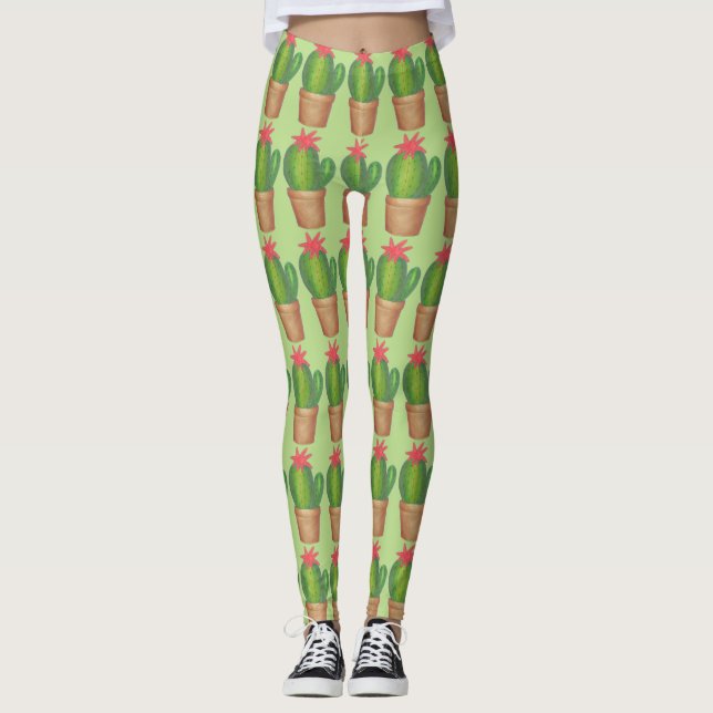 Grönt Prickly Cactus Pocktis FLOXBANGS Leggings (Framsida)