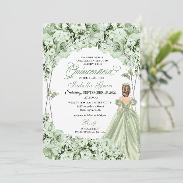 Grönt Princess Dress Butterfly Quinceanera Inbjudningar (Stående Fram)