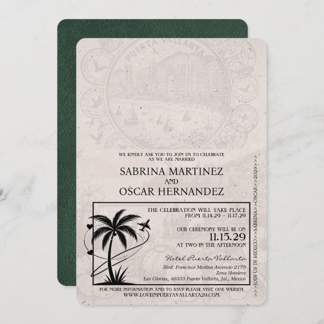 Grönt Puerta Vallarta Passport Bröllop Inbjudningar (Fram/baksida)