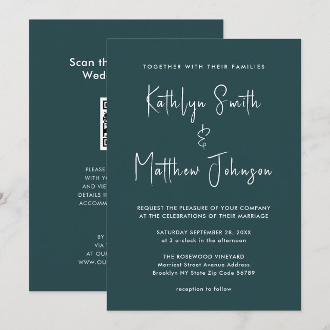 Grönt QR-kod allt i ett modernt skript Bröllop Inbjudningar (Fram/baksida)