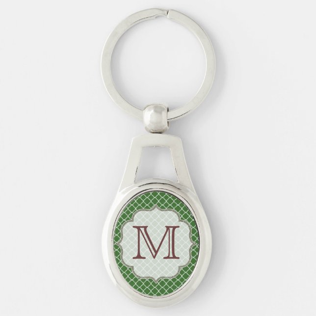 Grönt Quarterfoil Latti Monogram Initial Nyckelrin Ovalt Silverfärgad Nyckelring (Framsidan)