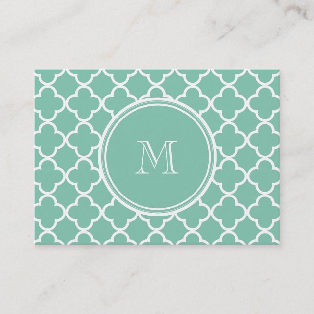 Grönt Quatrefoil för Mint mönster, din Monogram Visitkort (Framsida)