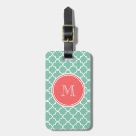 Grönt Quatrefoil för Mint mönster, korallMonogram Bagagebricka