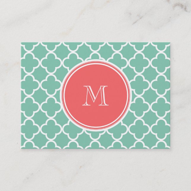 Grönt Quatrefoil för Mint mönster, korallMonogram Visitkort (Framsida)
