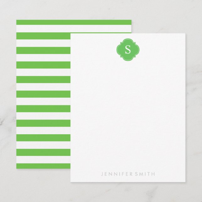 Grönt Quatrefoil Monogram och Rand Note Cards Inbjudningar (Fram/baksida)
