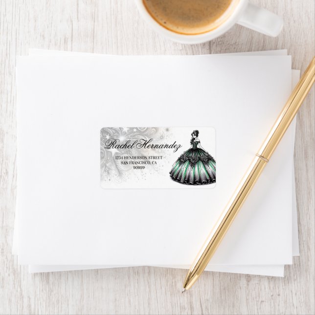 Grönt Quinceañera Girl Adressetikett (Insitu)