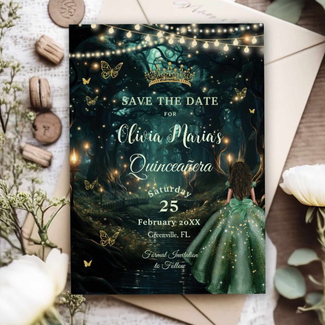 Grönt Quinceañera (skogen Emerald ) Spara Datumet (enchanted-forest-emerald-green-dress-brown-african-girl-quinceanera-sweet-16-birthday-save-the-date)