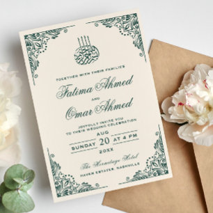 Grönt Ram Ornate Cream islamisk muslimsk Bröllop Inbjudningar