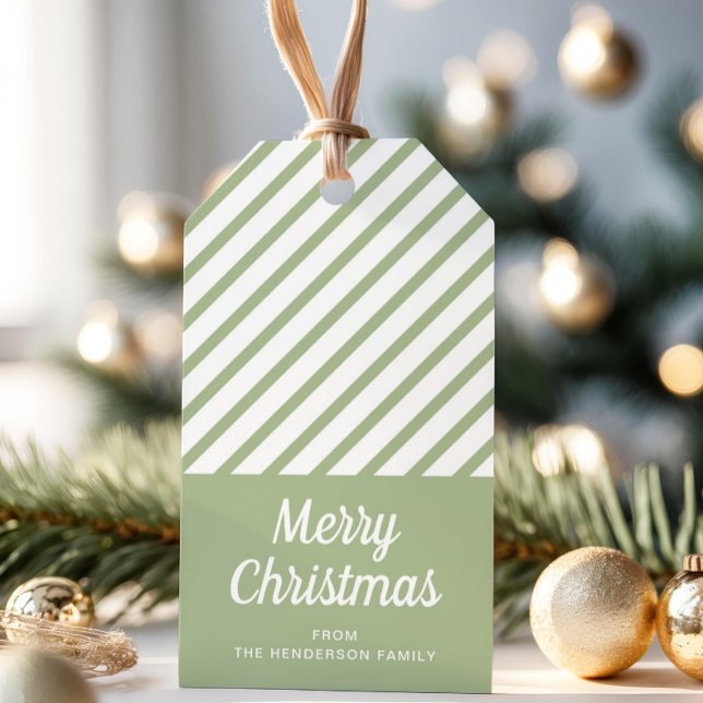 Grönt Rand God jul Presentetikett (Sage Green Stripes Merry Christmas Gift Tags)