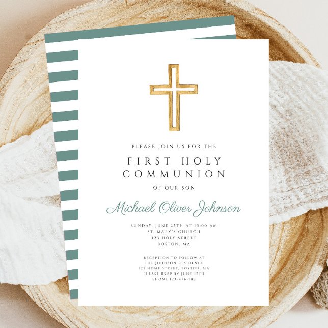 Grönt Rand Kor Religiösa 1 Kommunision Inbjudningar (Green Stripes Cross Religious First Communion Invitation)