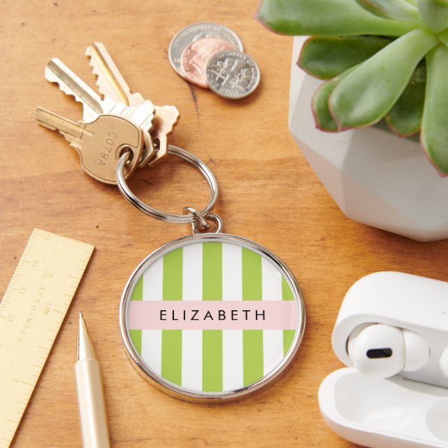 Grönt Rand, Linjer, stripe Mönster, ditt namn Rund Silverfärgad Nyckelring (Skrivbord)