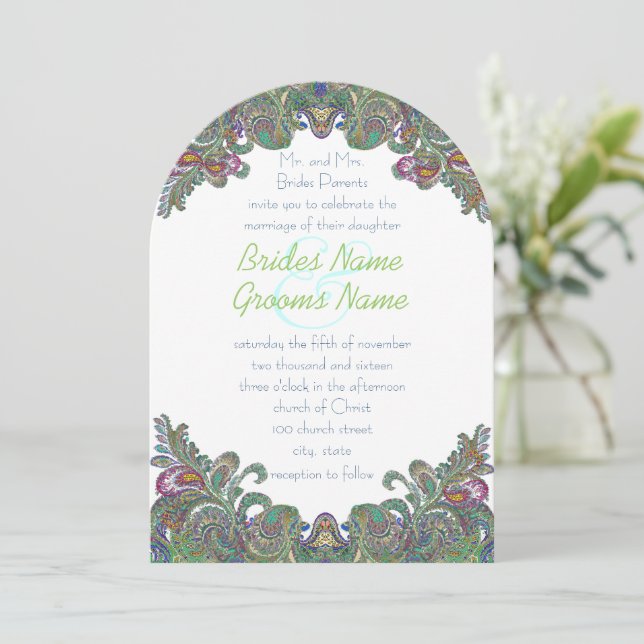 Grönt Raspberry Blue Damask Wedding bjudande Inbjudningar (Stående Fram)