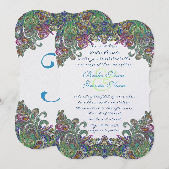 Grönt Raspberry Blue Damask Wedding bjudande Inbjudningar (Fram/baksida)