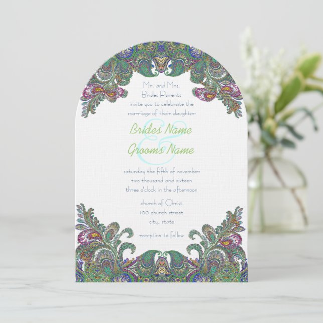Grönt Raspberry Blue Damask Wedding bjudande Inbjudningar (Stående Fram)