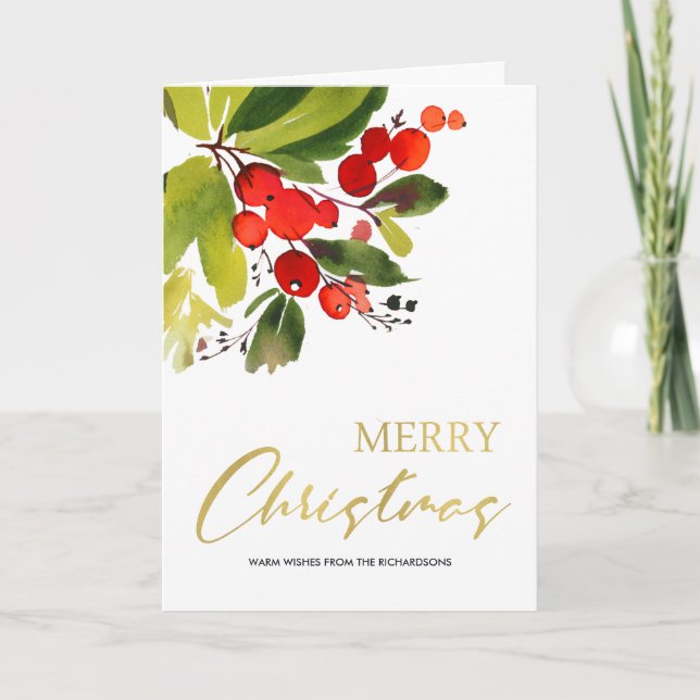 GRÖNT RED BERRIES WATERCOLOR GOD JUL KORT (Framsida)