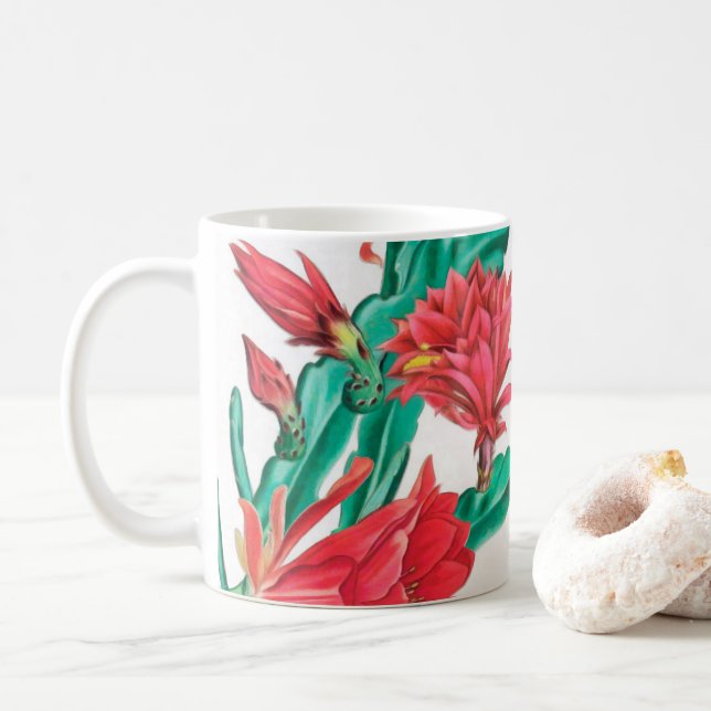 Grönt Red Blooming Cactus Mönster Kaffemugg (Med munk)