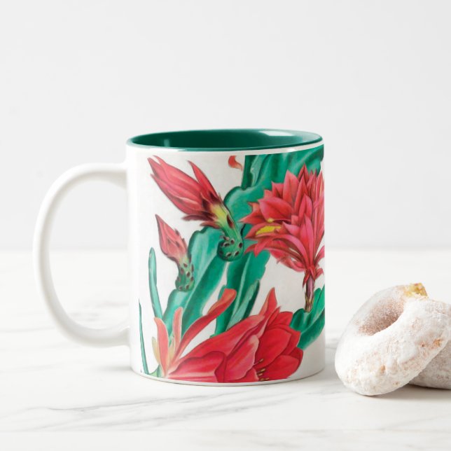 Grönt Red Blooming Cactus Mönster Två-Tonad Mugg (Med munk)