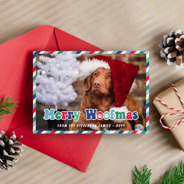 Grönt Red Blue Retro Merry Woofmas Hund jul Julkort (Skapare uppladdad)