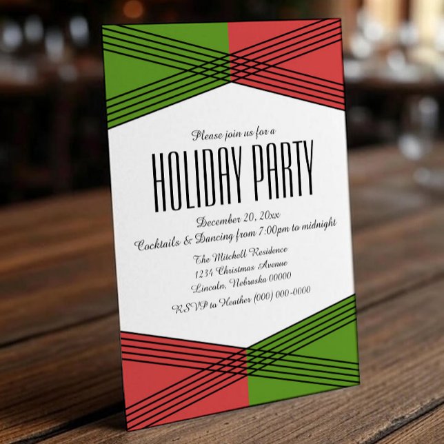 Grönt Red Colorful Deco Julfest Inbjudan (Green Red Colorful Deco Holiday Party Invite)
