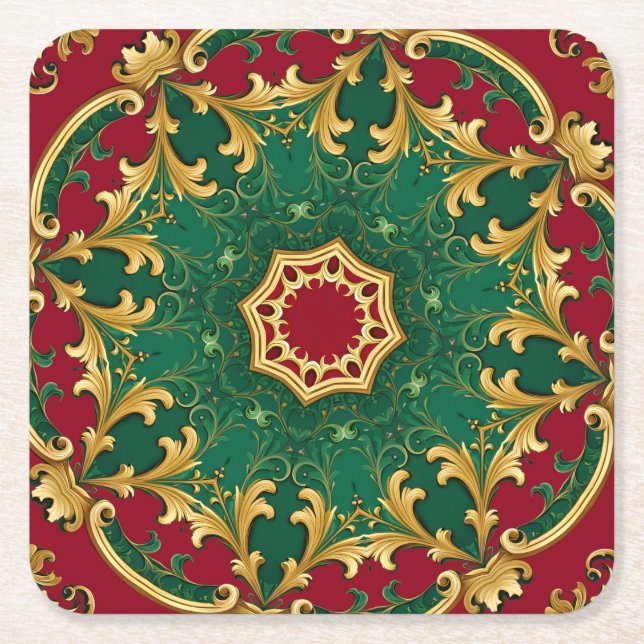 Grönt Red Decorative Helgdag Papper Underlägg Kvadrat (Framsidan)