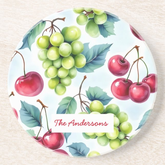 Grönt Red Fruit Food Mönster Grapes Cherry Underlägg (Framsidan)