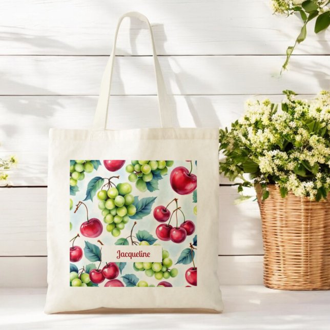 Grönt Red Fruits Graps Cherry Mönster Tygkasse (Skapare uppladdad)