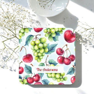 Grönt Red Fruits Graps Cherry Watercolor Underlägg Papper Kvadrat