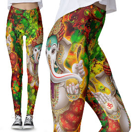 Grönt Red Ganesh Hippie Boho Psychedelic Festival Leggings