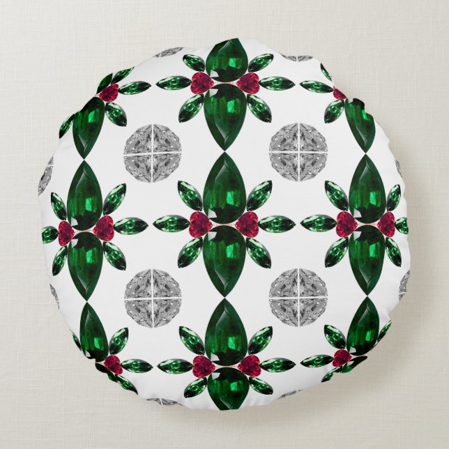 Grönt & Red Gemstone Mönster Pillow Rund Kudde (Baksidan)