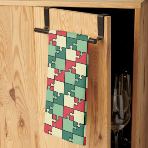 Grönt Red Geometric Puzzle Delarare Mönster Kökshandduk