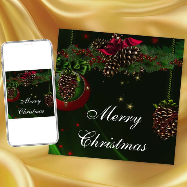 Grönt Red Gräs Cones Elegant jul Party Inbjudningar (Pinecone ornaments Christmas party invitation. Instant download and printed invitations available.)