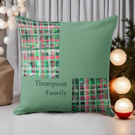 Grönt Red kräm tartan script festive glitter Kudde