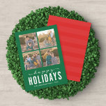 Grönt Red Modern Glad helg Photo Collage Julkort<br><div class="desc">Modern Glad helg Collage Photo Card som du kan visa fyra av dina helgdag-foton med ord "lycklig" i ett slappna av skript ovanför ett fet "Helgdagar" mot gröntens bakgrund. Kortet innehåller en röd rand baksida. Ta en titt på andra objekt här https://www.zazzle.com/collections/holiday_christmas_new_year_cards-119015800351034065?rf=238364477188679314 Anpassa den genom att ersätta platshållartexten och ersätta...</div>