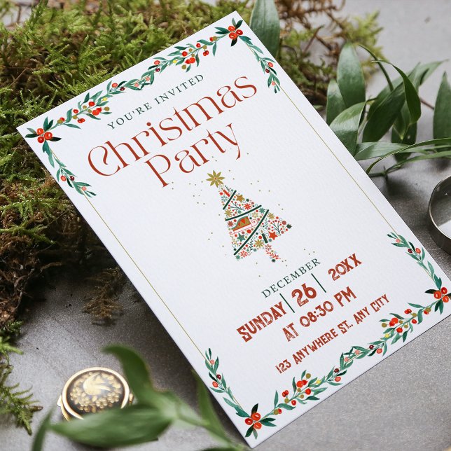 Grönt Red Modern jul Party Inbjudningar (Green Red Modern Christmas Party Invitation)