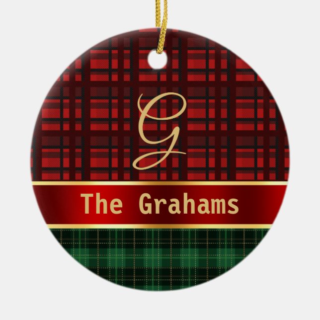 Grönt Red Play och Ribbon med Namn och Initial Julgransprydnad Keramik (Framsidan)
