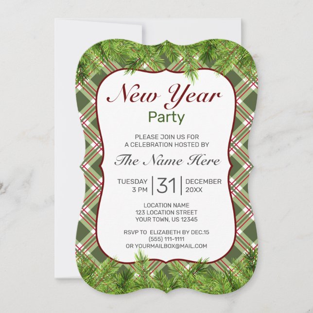 Grönt Red Pput & Gräs Gren, nyår Party Inbjudningar (Framsida)