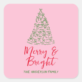 Grönt Red Rosa Hand plockade Rosett band Träd jul Fyrkantigt Klistermärke