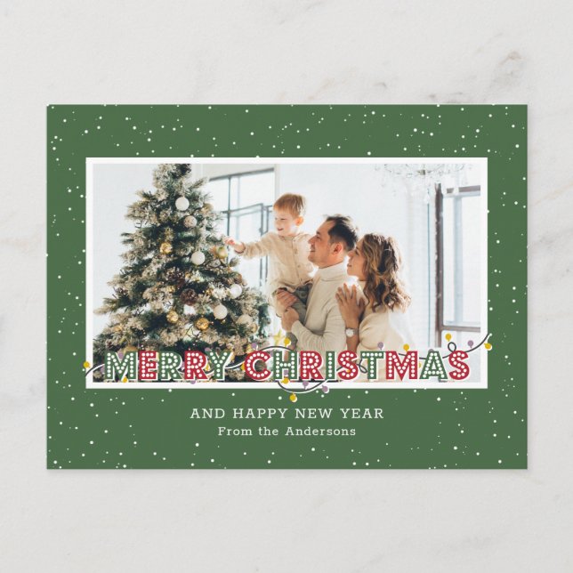 Grönt Red Snö jul Ljus Photo Helg Vykort (Framsida)