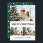 Grönt Red Snö Stars Modern Photo Collage Julkort<br><div class="desc">grönt av anpassningsbar och God jul-kort med rött foto som innehåller ett foto med ett modernt typsnitt på framsidan och gröntens bakgrund med fallande snö och stjärnor på baksidan. Anpassa enkelt den här grönten och det röda helgdag med dina foton,  familjen namn och året.</div>