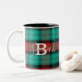 Grönt & Red Tartan Checkered Monogram Namn Två-Tonad Mugg