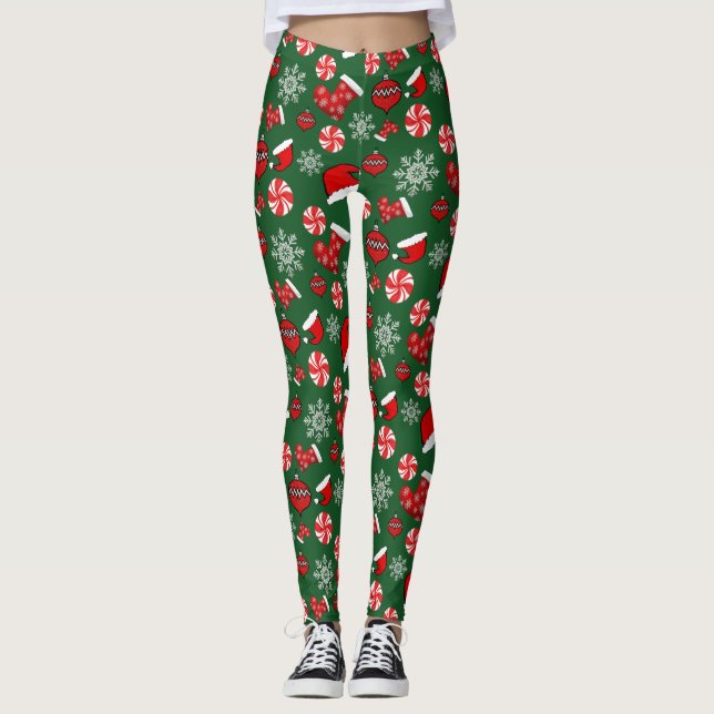 Grönt Red White God jul Leggings (Framsida)