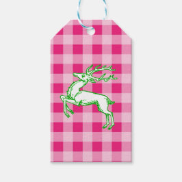 Grönt Reindeer Rosa Gingham Presentetikett