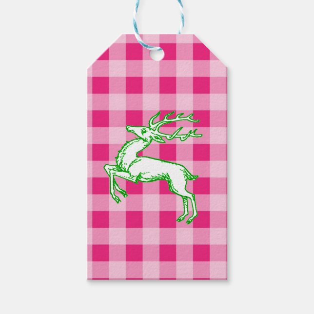 Grönt Reindeer Rosa Gingham Presentetikett (Framsidan)