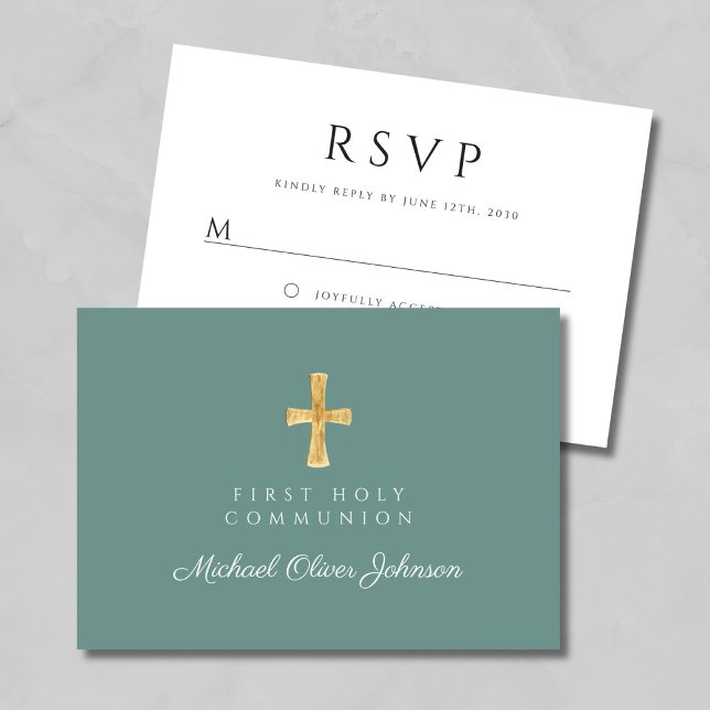 Grönt Religiösa Kor Boy First Communion OSA Kort (Green Religious Cross Boy First Communion RSVP Card)