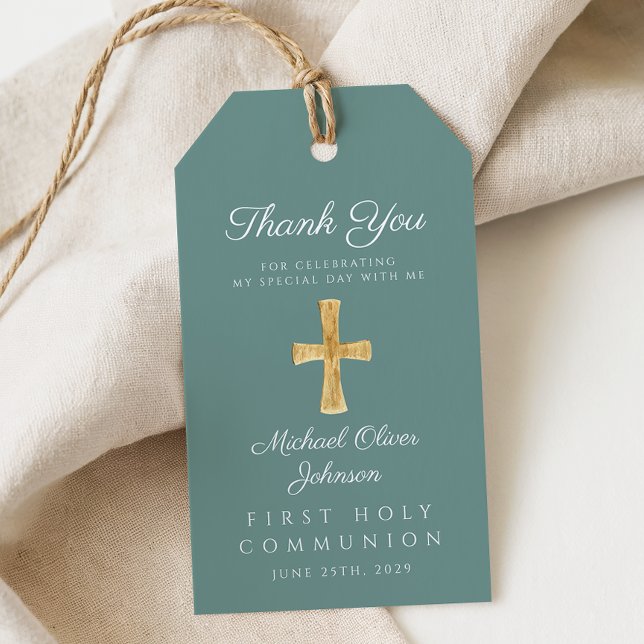 Grönt Religiösa Kor Boy First Communion Presentetikett (Green Religious Cross Boy First Communion Gift Tags)